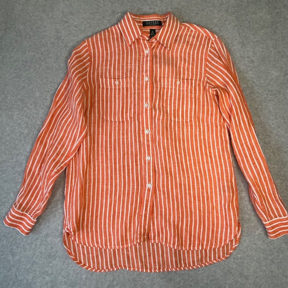 Ralph Lauren Womens PS Linen Striped Button Down Shirt Orange Heritage Preppy